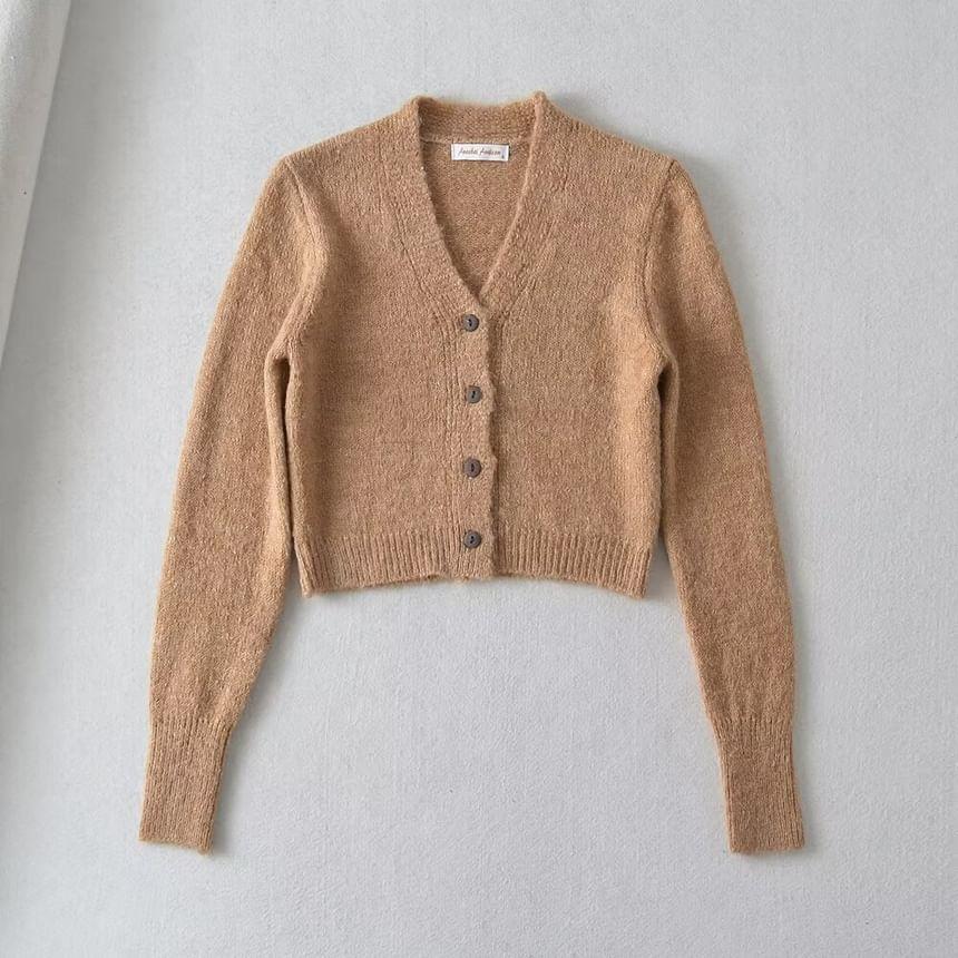 V-Neck Plain Button Cropped Cardigan Product Image