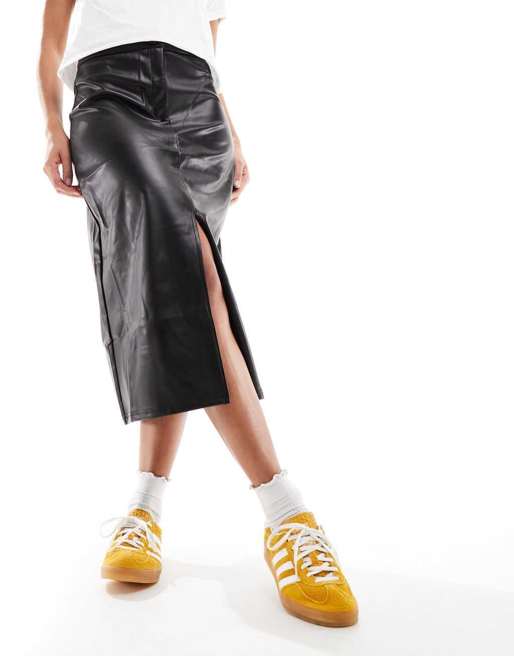 Pieces faux leather high waisted midi skirt in black Product Image