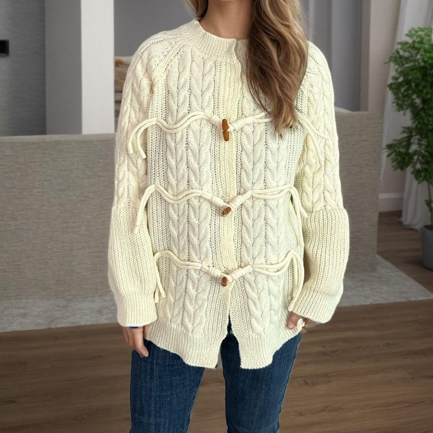 Crew Neck Plain Cable Knit Toggle Cardigan Product Image