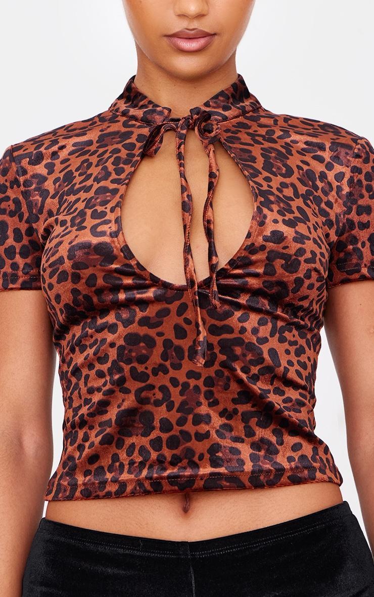 Brown Velvet Leopard Printed Tie Detail High Neck Top Product Image