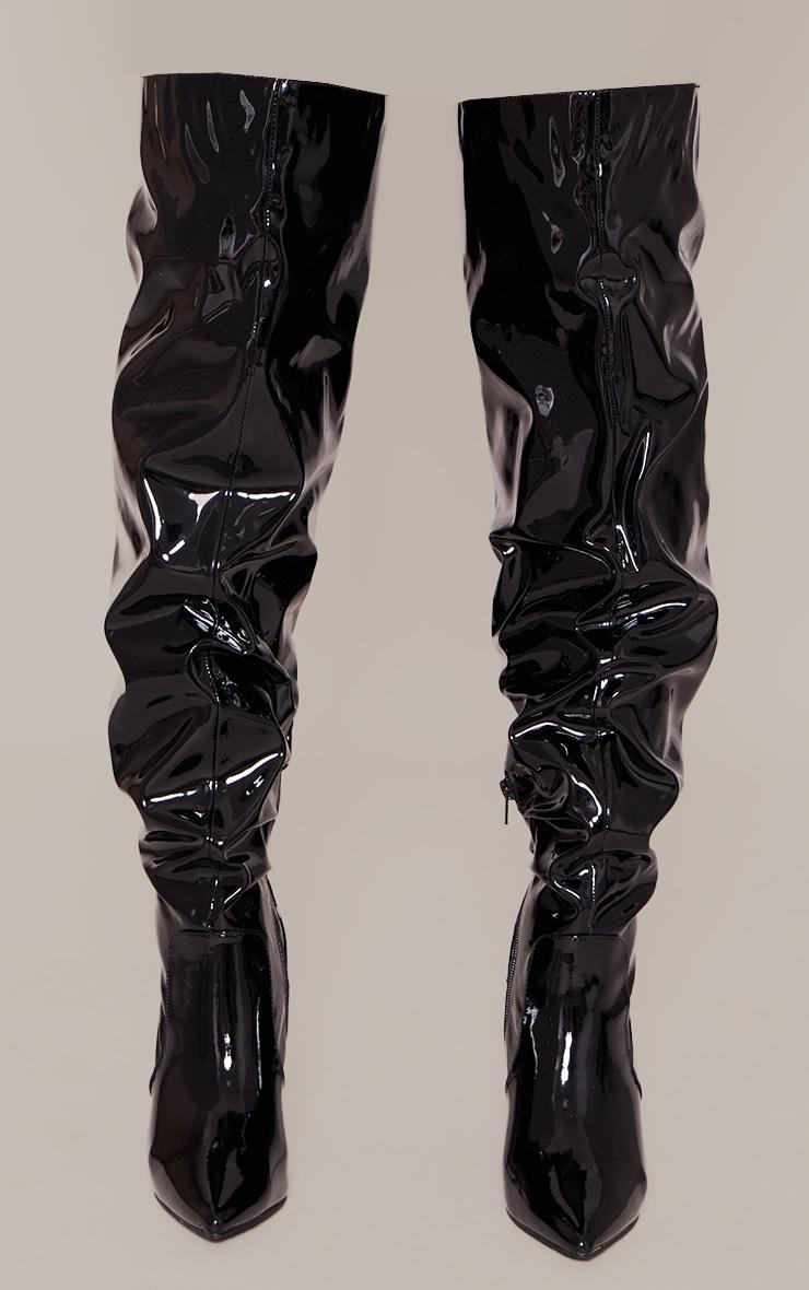 Black PU Point Toe Ruched Over The Knee High Heeled Boots Product Image