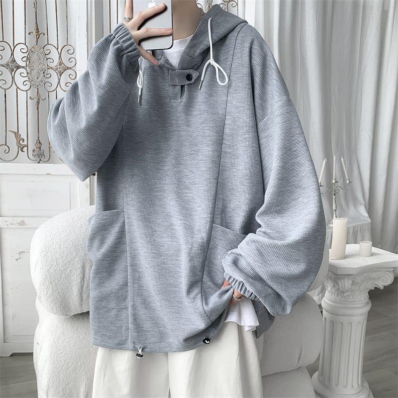 Puff-Sleeve Plain Pocket Detail Oversized Hoodie Product Image