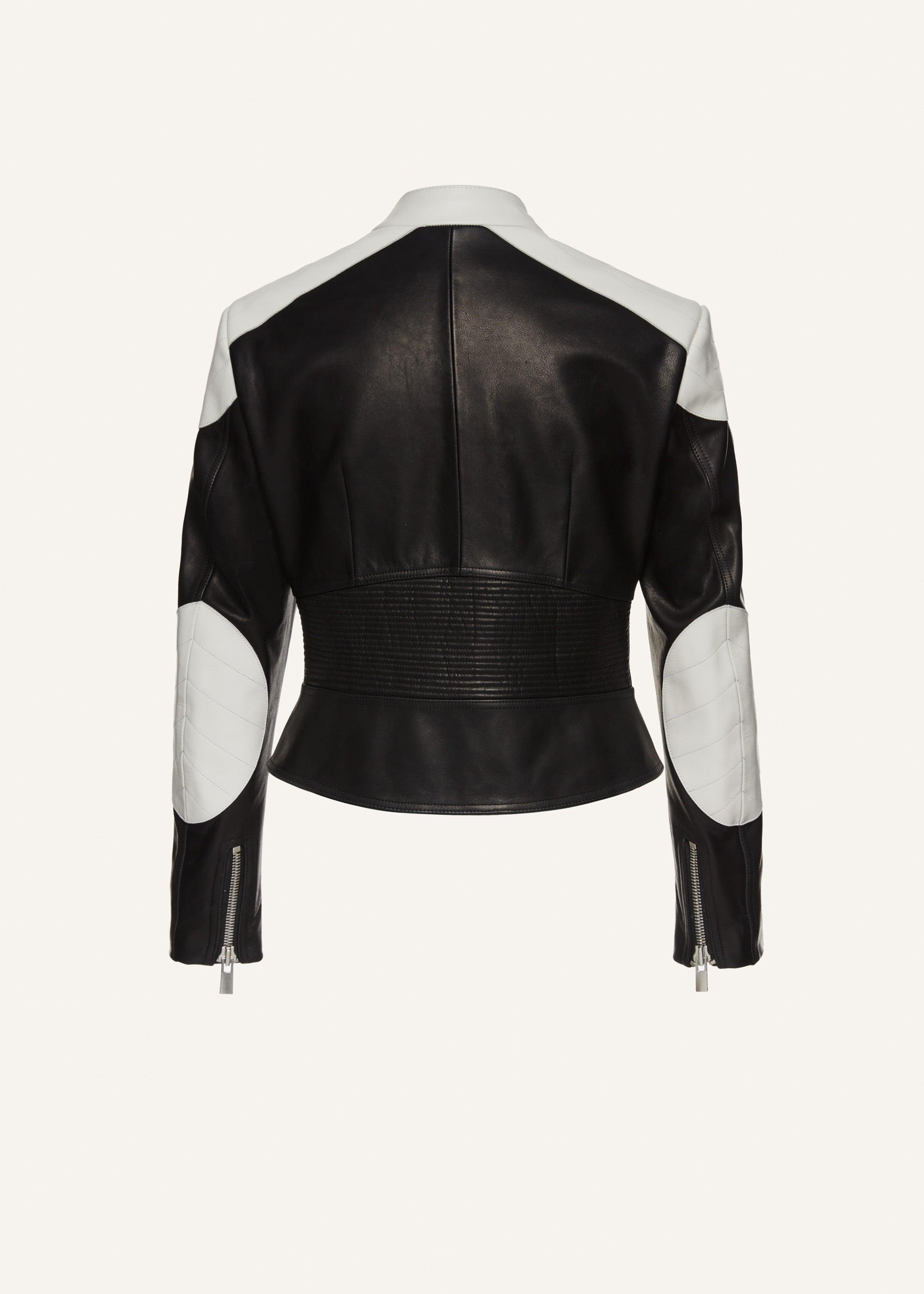 Cropped leather motorcycle jacket in black and white Product Image