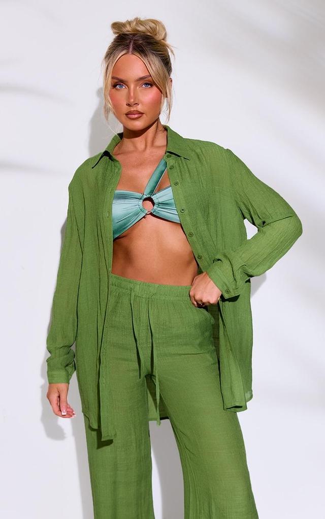 Dark Green Linen Look Oversized Beach Shirt Product Image