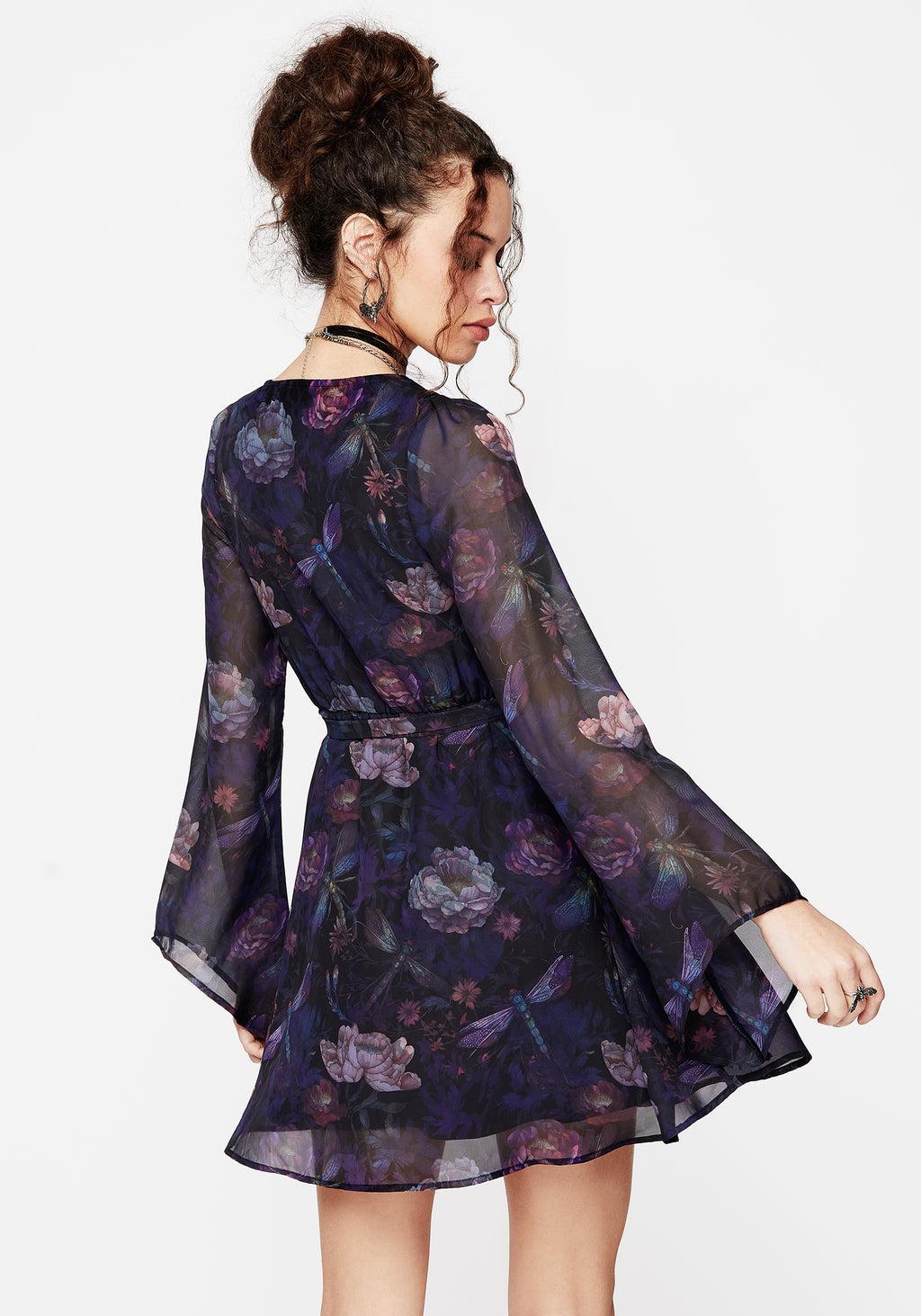 Dragonfly Floral Print Flute Sleeve Chiffon Mini Dress Product Image