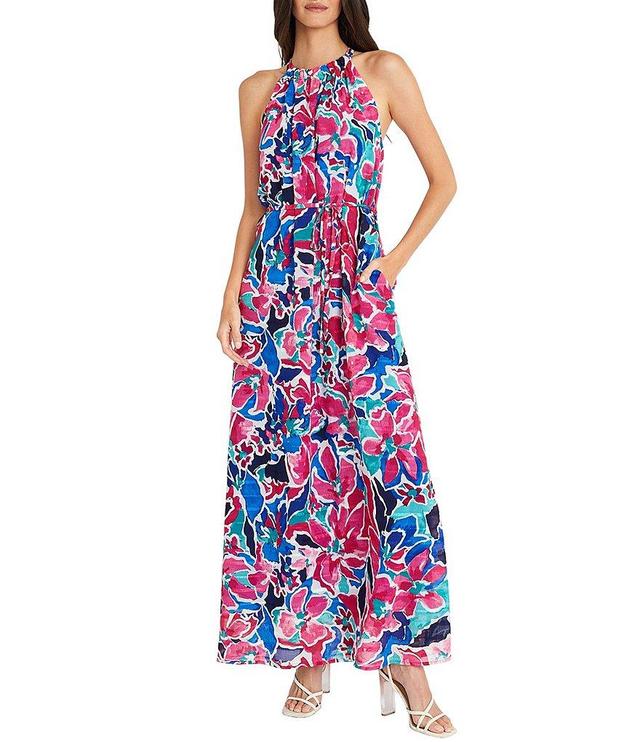 Maggy London Ribbon Stripe Chiffon Printed Halter Neckline Sleeveless Maxi Dress Product Image