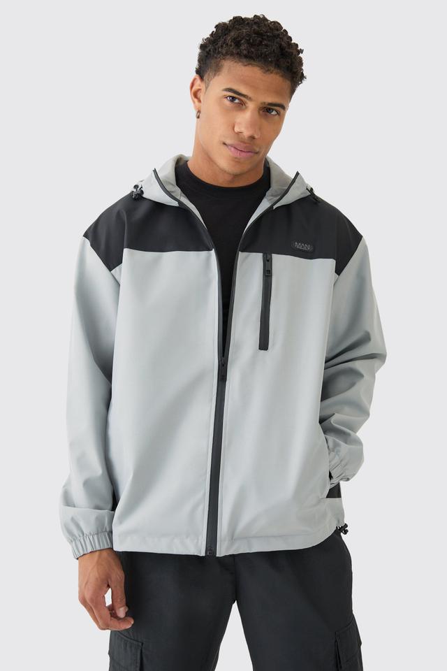 Oversized Man Tab Colour Block Hooded Windbreaker In Grey | boohooMAN USA Product Image