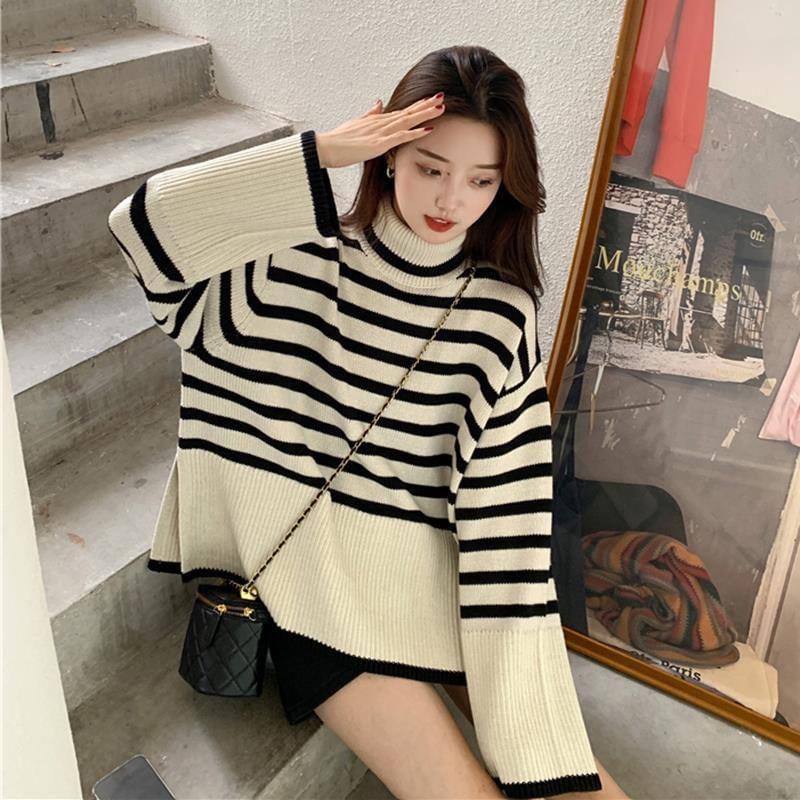 Turtleneck Striped Slit Sweater Product Image