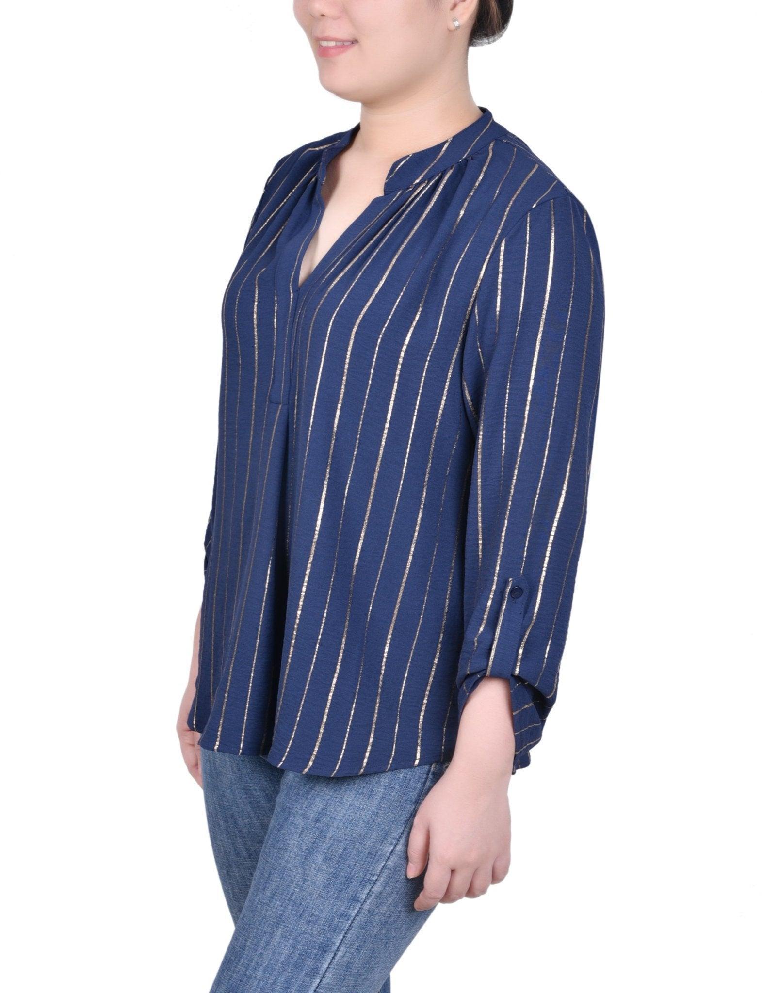 NY Collection Long Sleeve Foil Striped Blouse - Petite Product Image