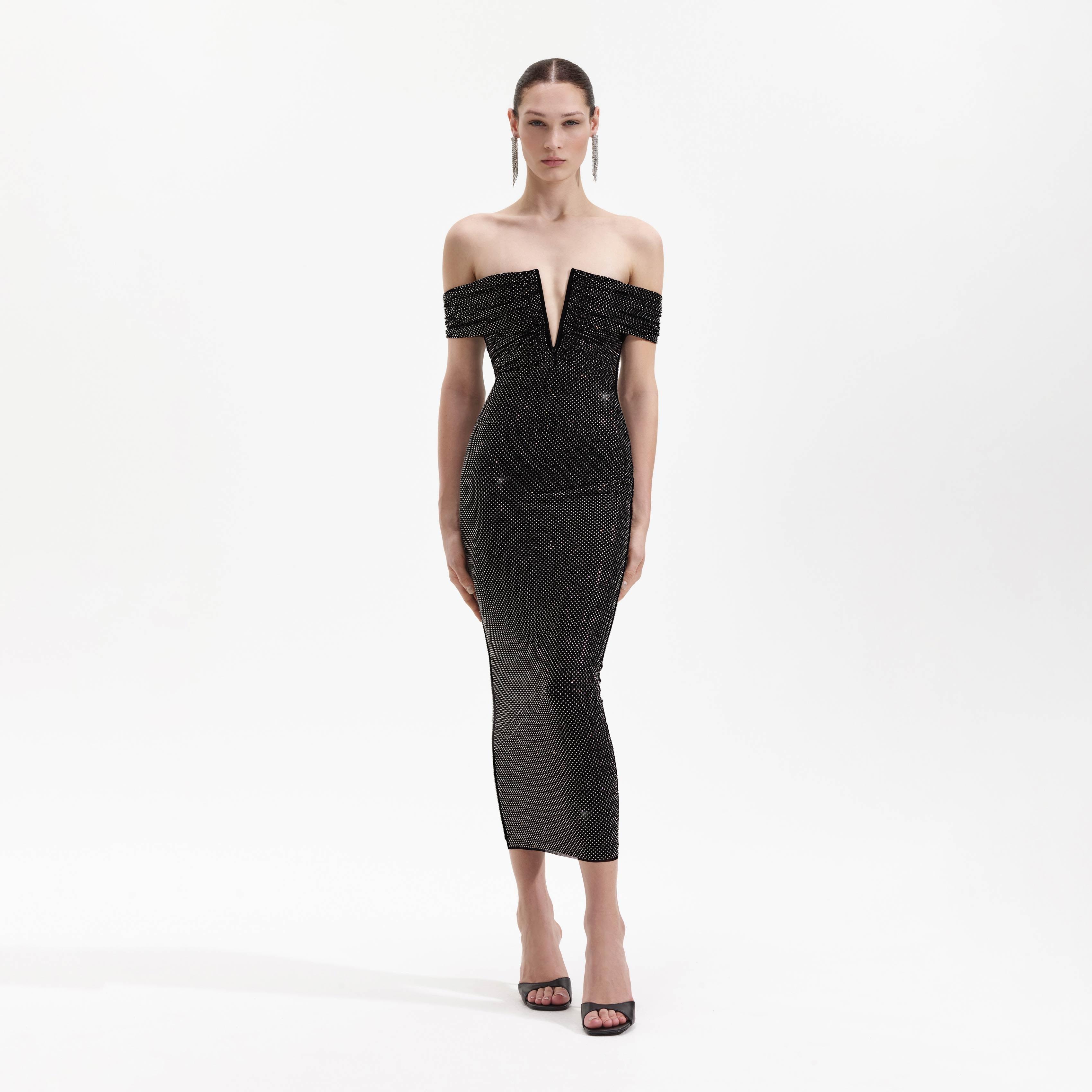 Black Rhinestone Bardot Midi Dress Product Image