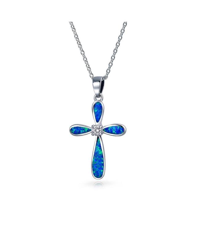 Bling Jewelry Religious Faith Hope Love Cz Accent Created Blue Synthetic Opal Cross Pendant Necklace For Women Sterling Silver Product Image