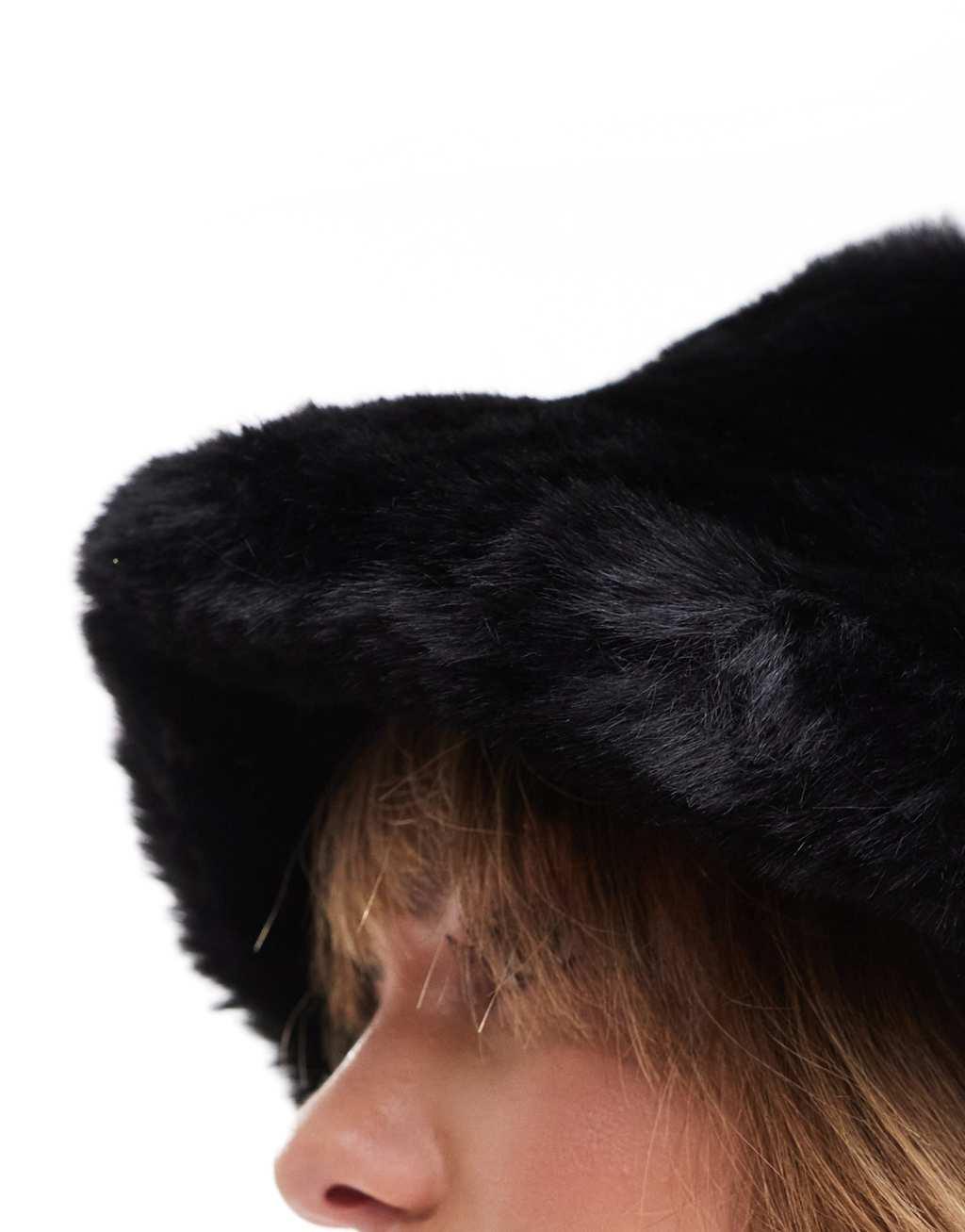 ASOS DESIGN faux fur bucket hat in black Product Image