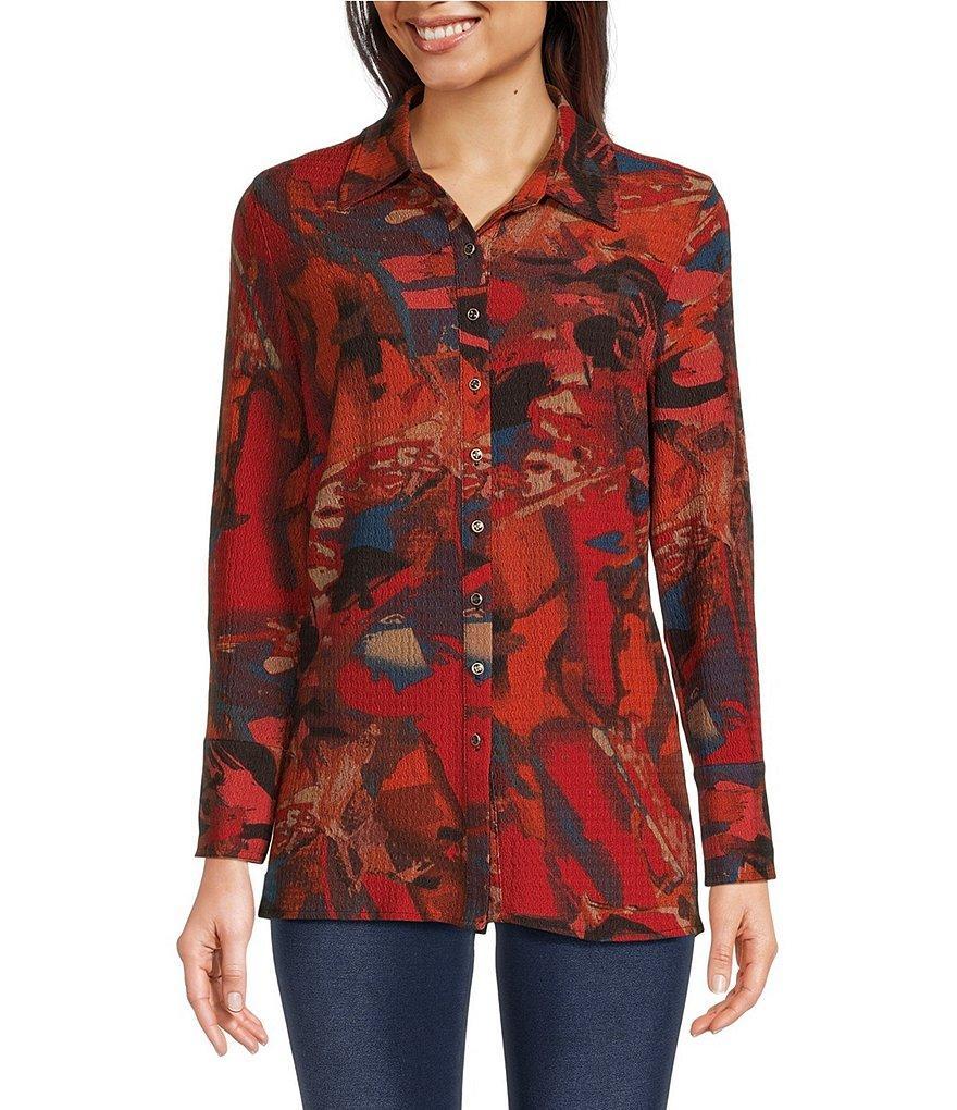 Calessa Petite Size Textured Crinkle Abstract Print Point Collar Long Sleeve Button-Front Blouse product image