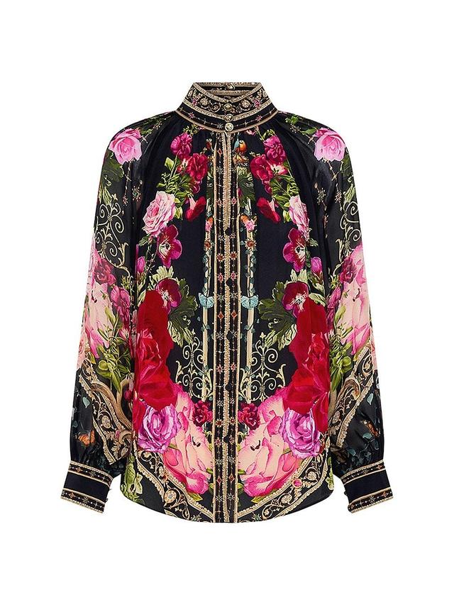 Womens Floral Silk Long-Sleeve Shirt Product Image