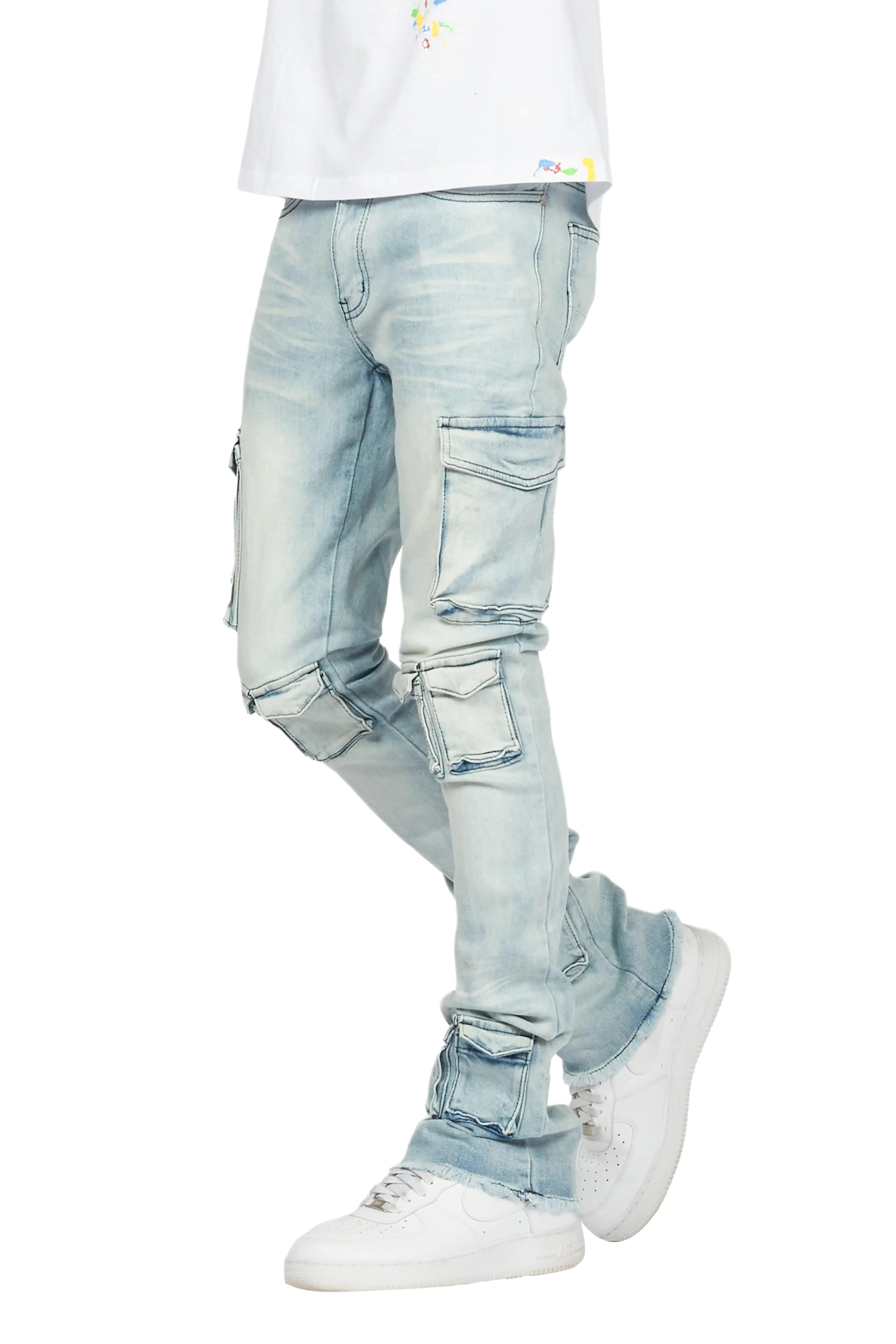 Feodor Light Blue Stacked Flare Cargo Jean Male Product Image