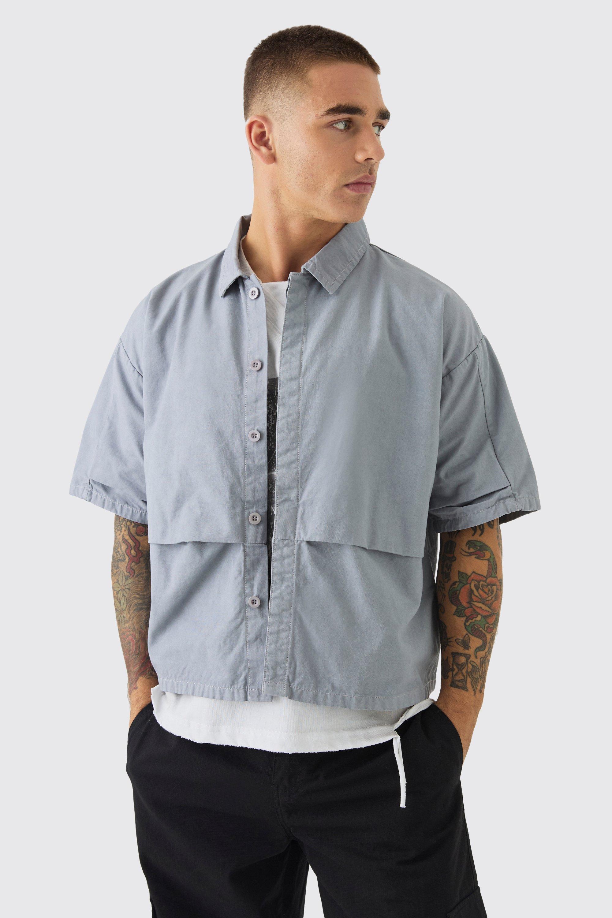 Mens Grey Oversized Boxy Pleat Front Peached Nylon Shirt, Grey Product Image