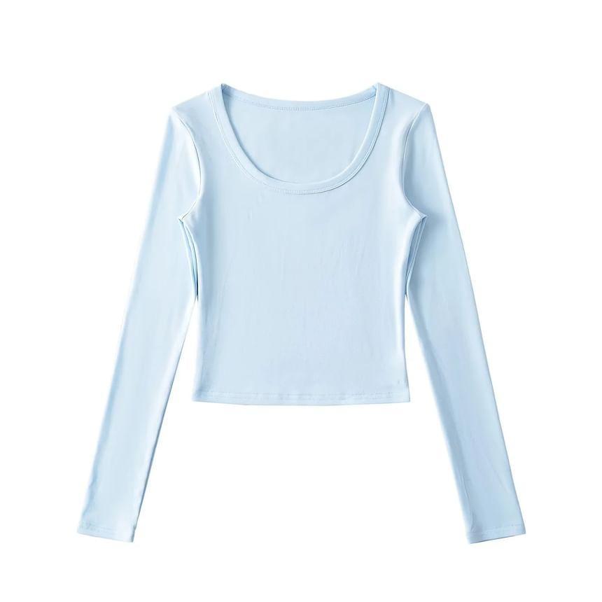 Long Sleeve Scoop Neck Plain Cropped T-Shirt Product Image