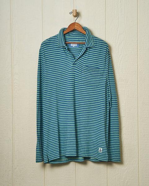 Long Sleeve Indigo Polo in Faded Spruce/Navy Even Stripe Product Image