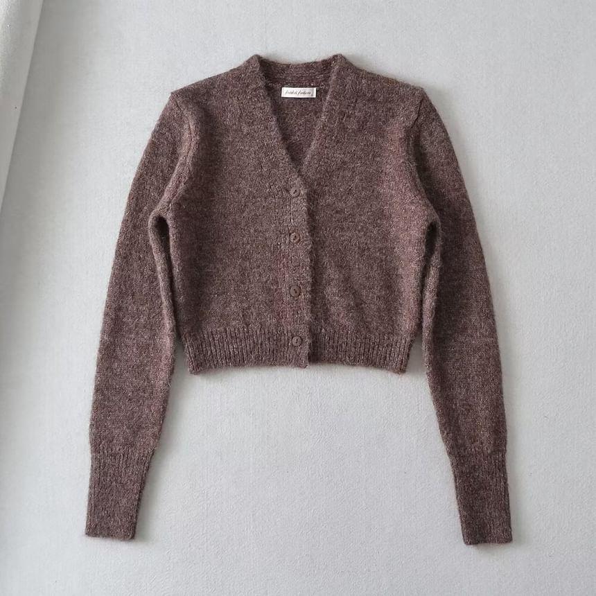 V-Neck Plain Button Cropped Cardigan Product Image