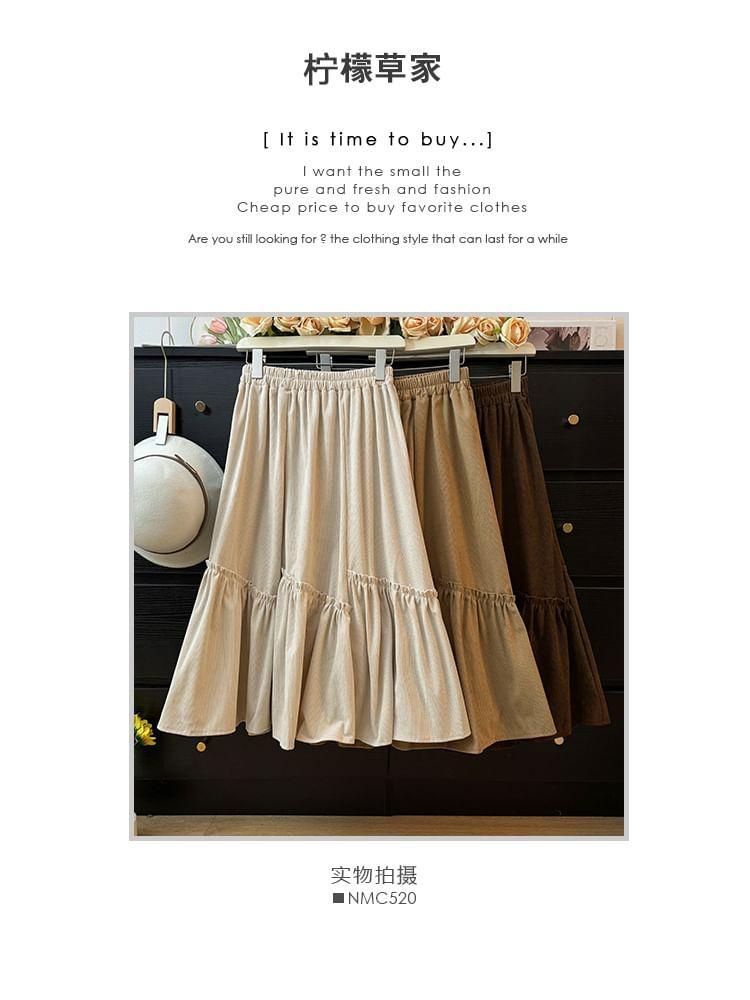 Corduroy Ruffle-Trim A-Line Midi Skirt Product Image