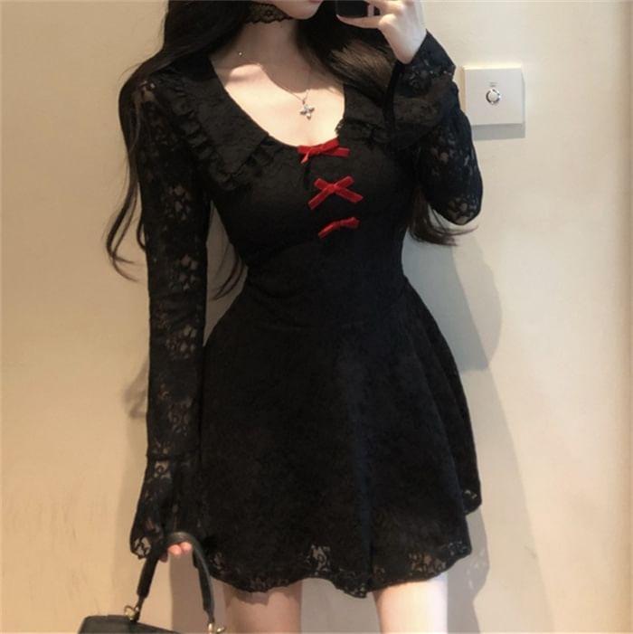 Long Sleeve Scoop Neck Ruffle Trim Lace Mini A-Line Dress Product Image