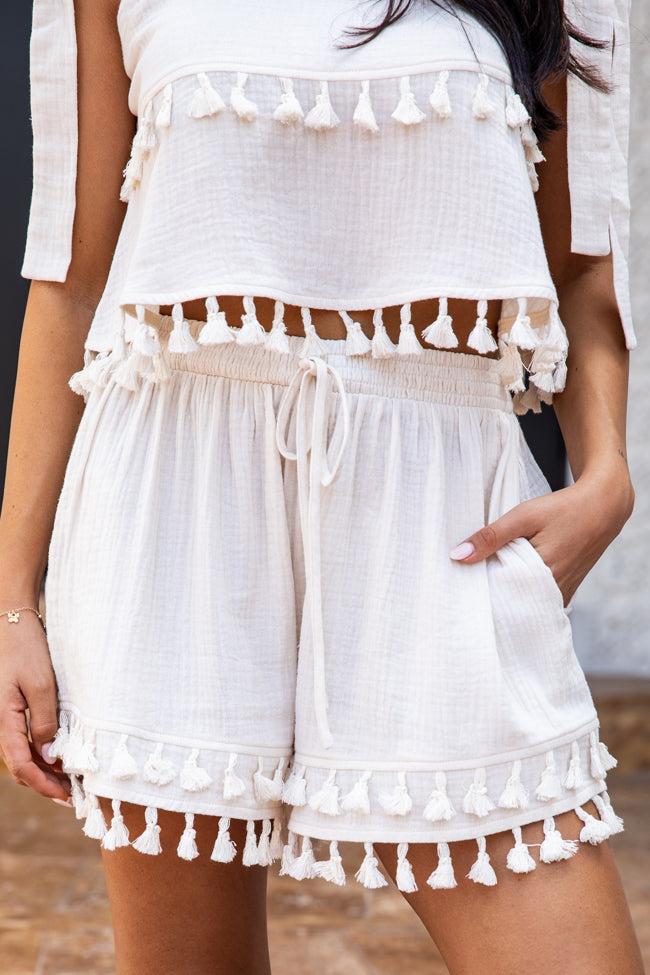 Chasing The Tides Cream Shorts With Fringe FINAL SALE Product Image