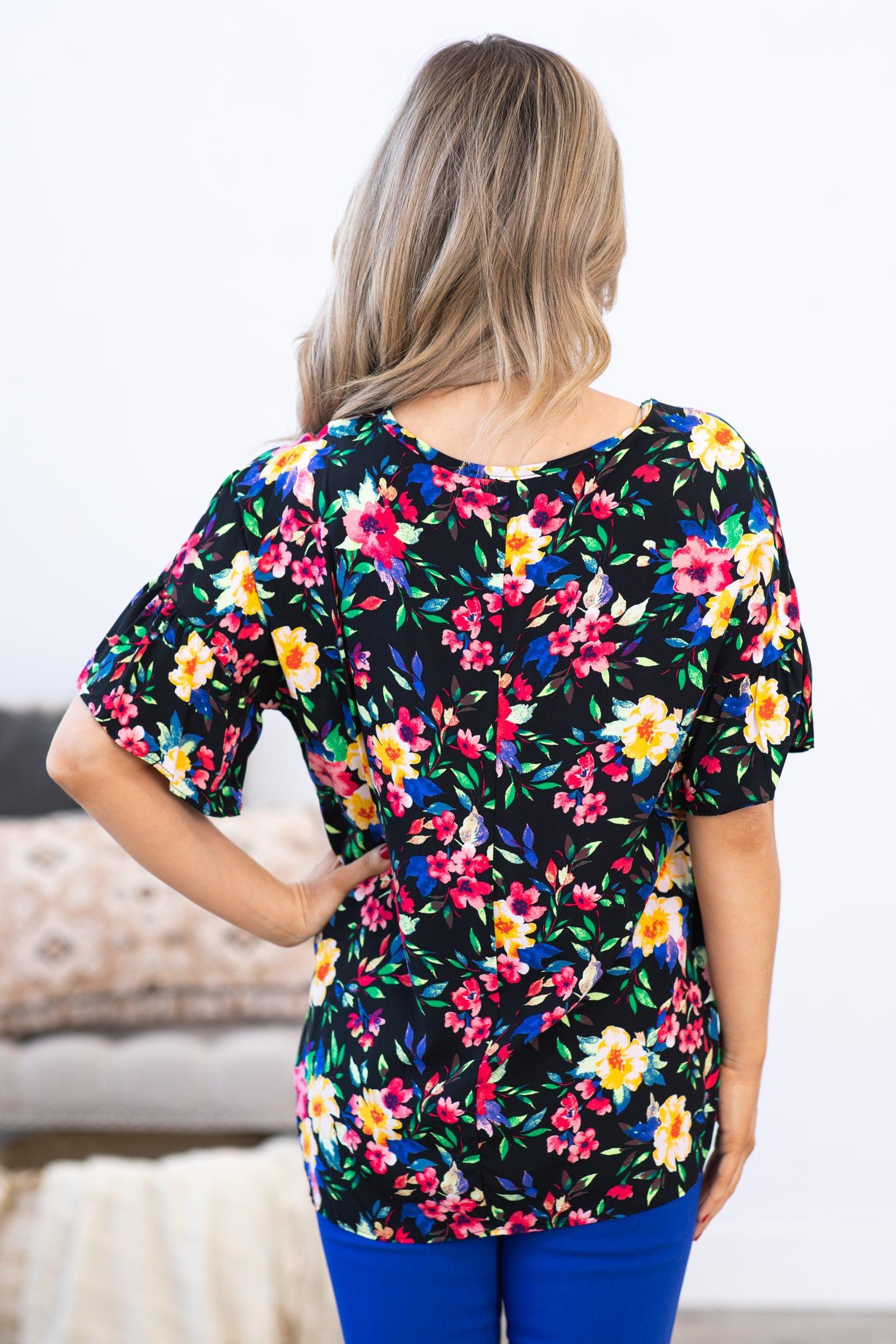 Black Multicolor Floral Print V-Neck Top Product Image