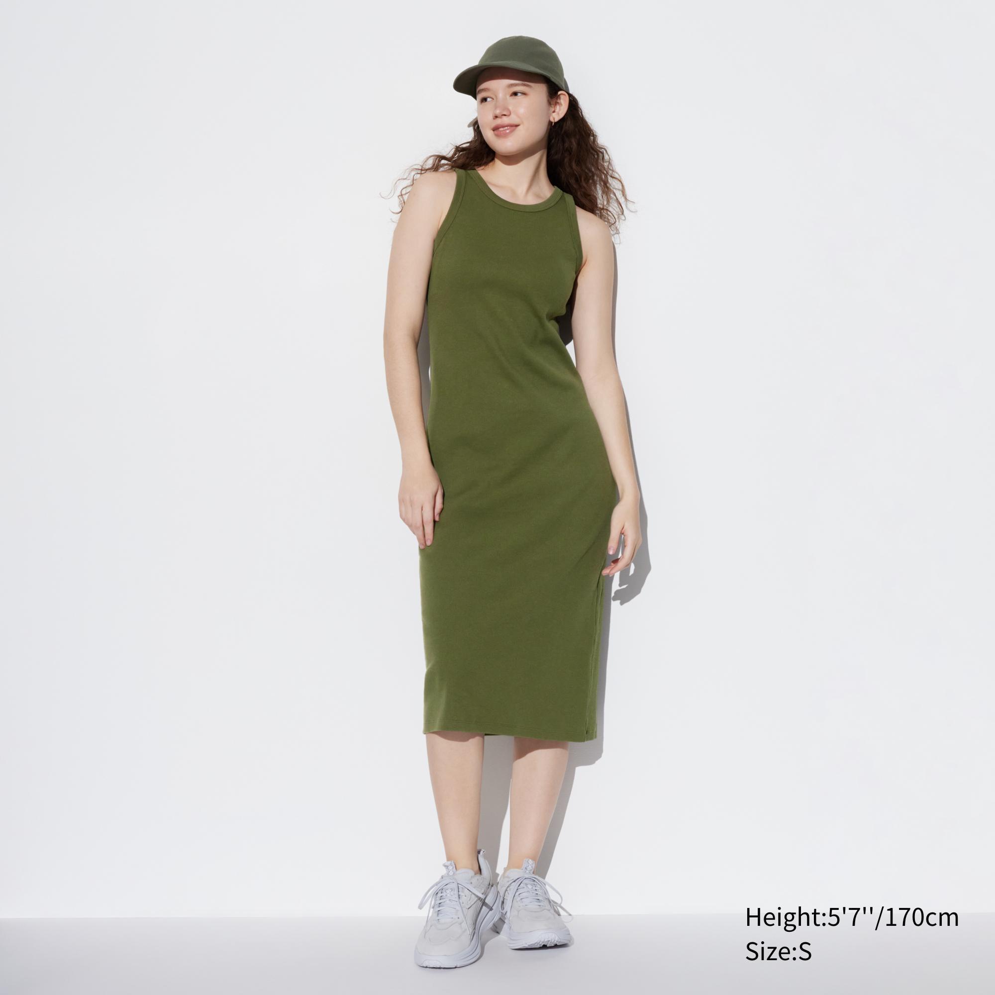 Womens Ribbed Bra Sleeveless Dress Olive Small UNIQLO US Product Image