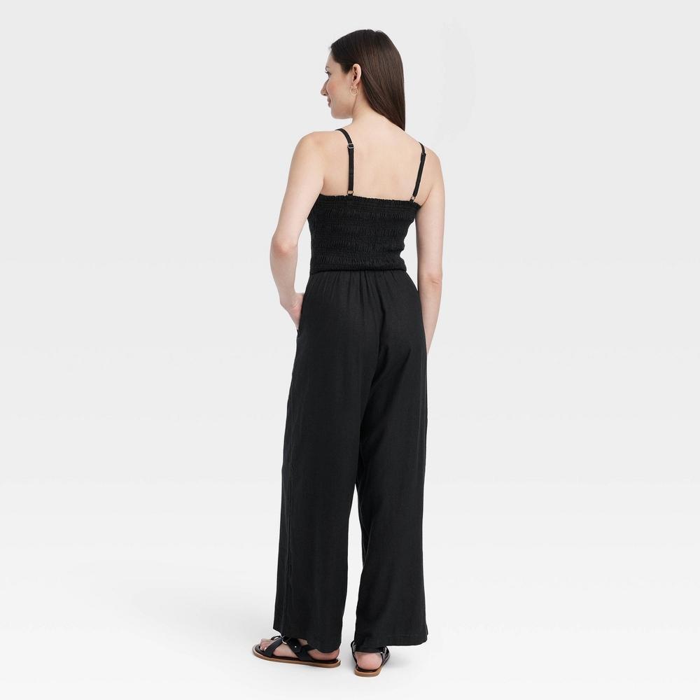 Womens Smocked Linen Maxi Jumpsuit - Universal Thread Black L Product Image