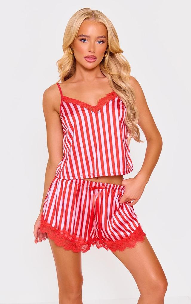 Red Stripe Contrast Lace Satin Cami Short PJ Set Product Image