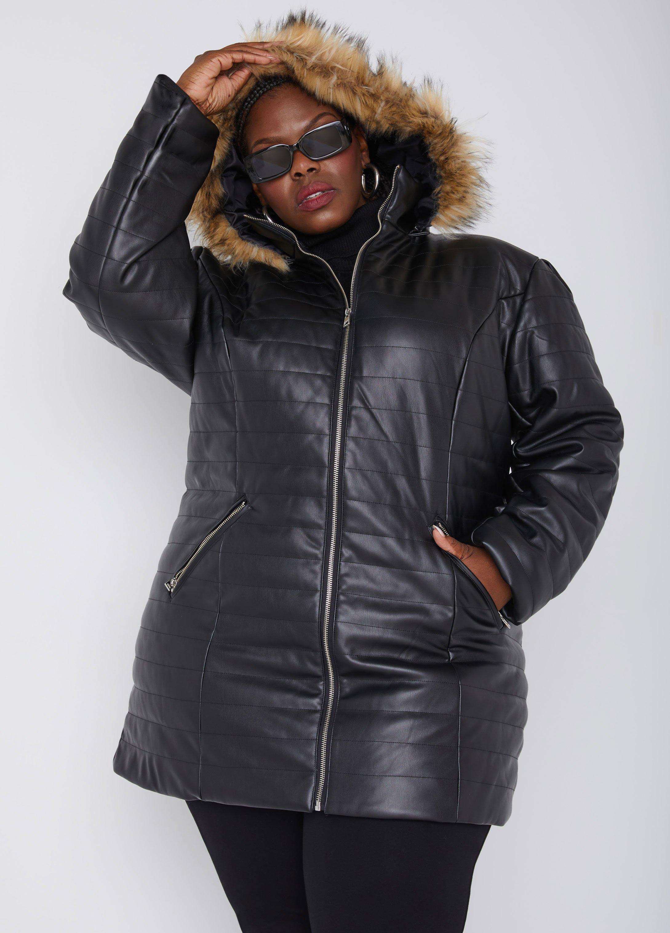 Hooded Quilted Faux Leather Coat Product Image