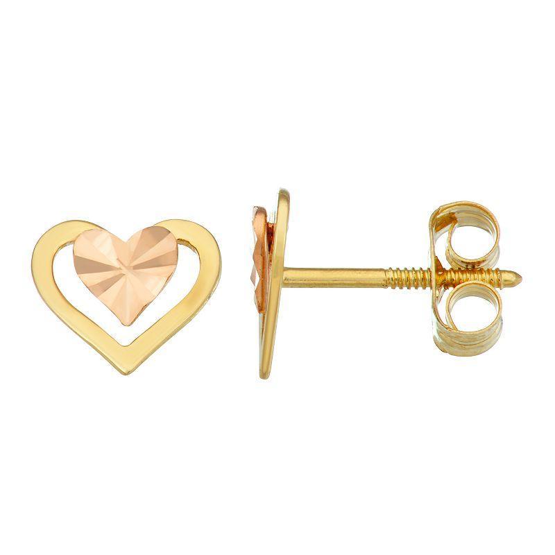 Charming Girl Two Tone 14k Gold Heart Stud Earrings, Womens Product Image