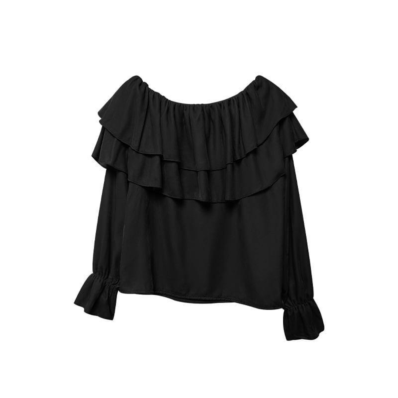 Long-Sleeve Off Shoulder Plain Ruffle Blouse Product Image