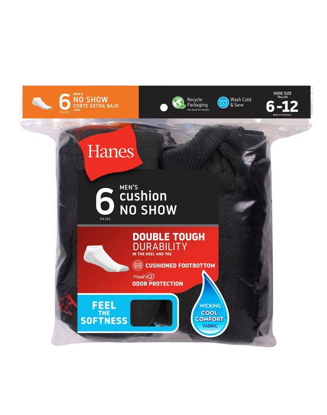 Hanes Mens Cushion No Show Socks, 6-Pairs Black 6-12 Product Image