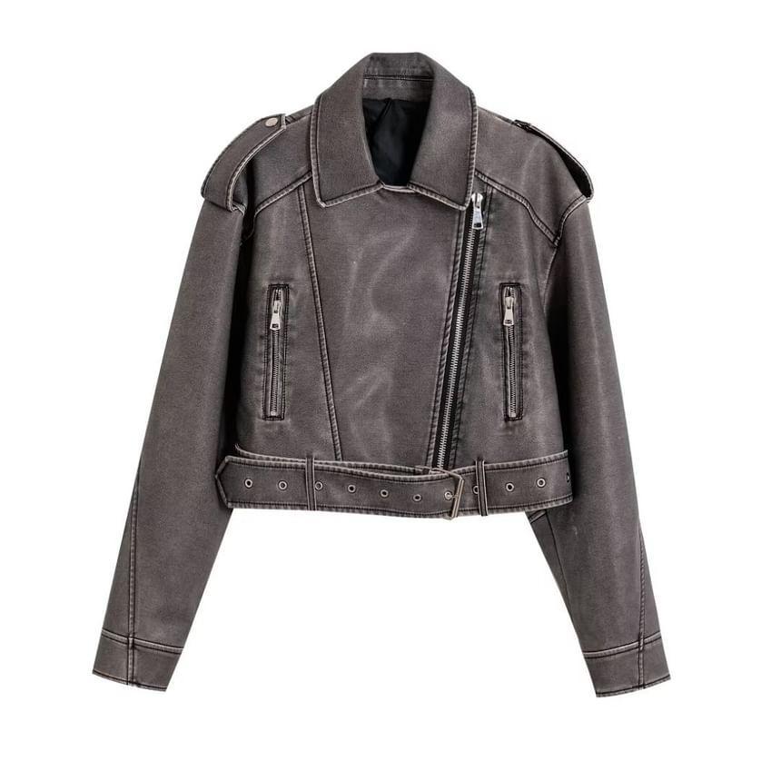 Collared Washed Faux Leather Zip Biker Jacket Product Image