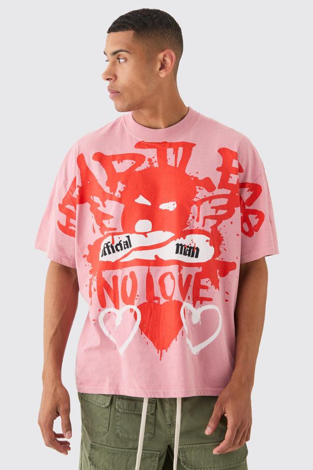 Mens Pink Oversized Large Scale Heartless Print T-shirt, Pink Product Image