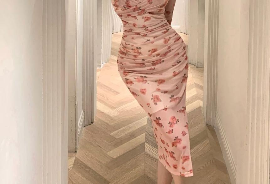 Long Sleeve V-Neck Floral Print Bodycon Midi Dress Product Image