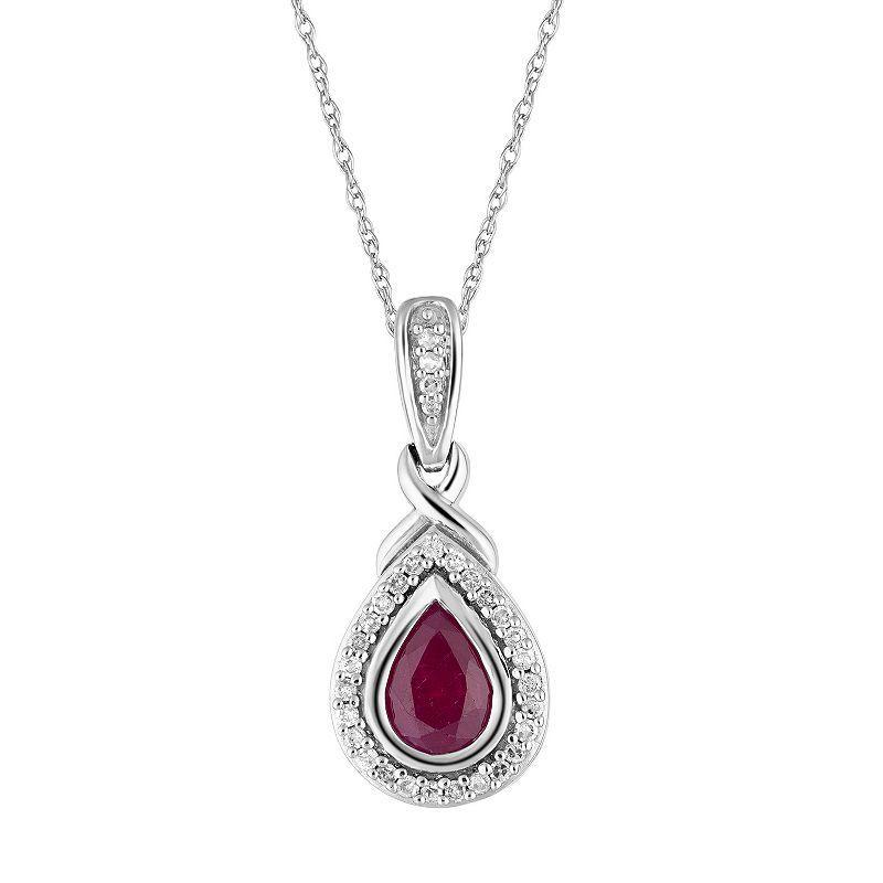 10k White Gold Ruby & 1/8 Carat T.W. Diamond Teardrop Halo Pendant Necklace, Womens 10k Whgold Product Image