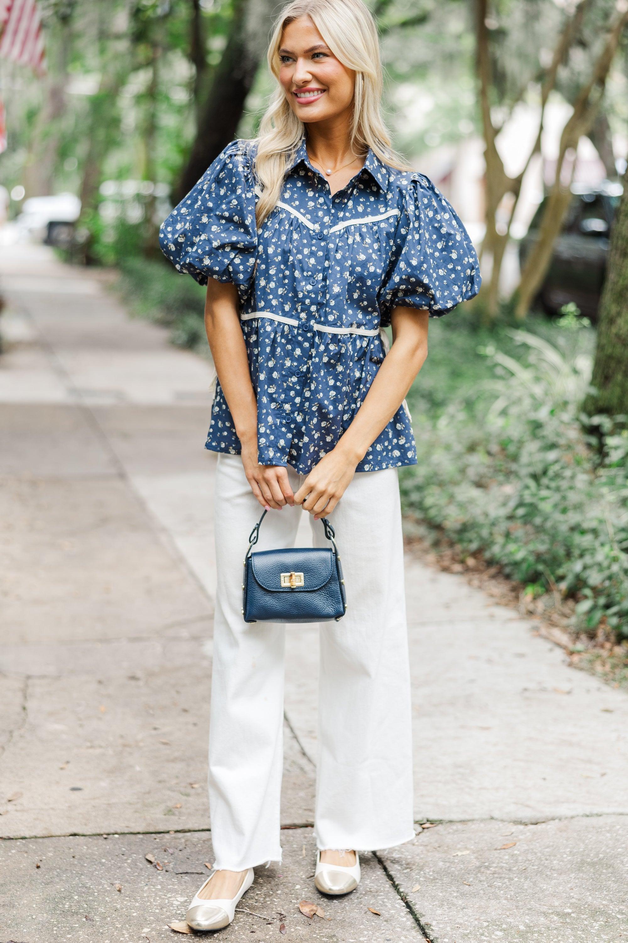 Know Your Worth Navy Blue Ditsy Floral Blouse Female Product Image