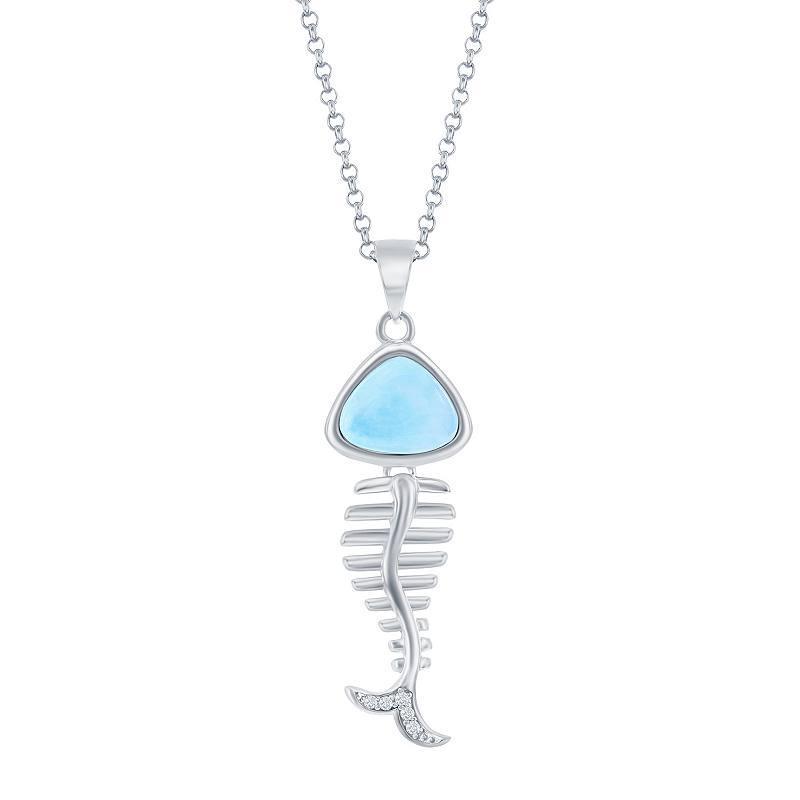 Sterling Silver Larimar & Cubic Zirconia Fish Skeleton Necklace, Womens Product Image