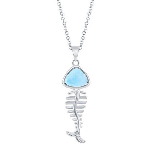 Sterling Silver Larimar and Cz Fish Skeleton Necklace Product Image