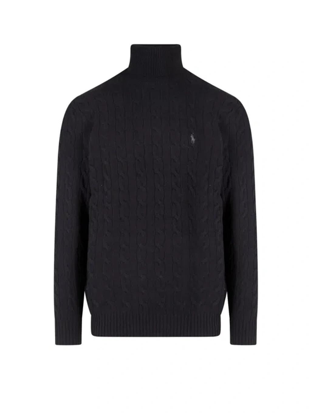 Cable Knit High-neck Sweater In Black Product Image