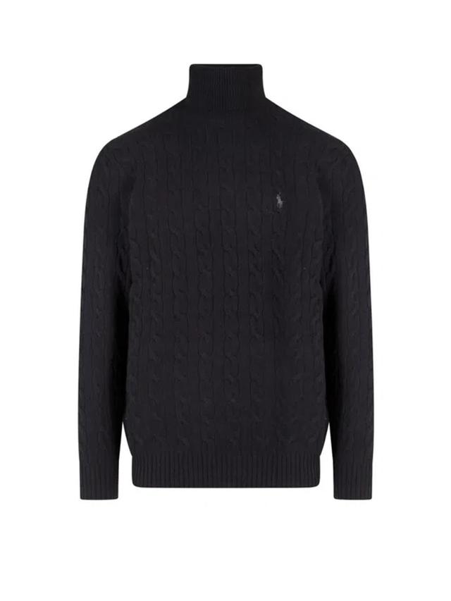 Cable Knit High-neck Sweater In Black Product Image