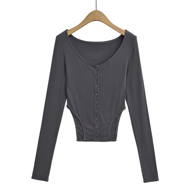 Long-Sleeve Scoop Neck Plain Asymmetrical T-Shirt Product Image