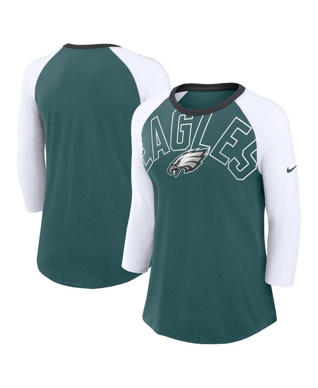 Nike Womens Midnight Green Philadelphia Eagles Knockout Arch Raglan Tri-Blend 3/4-Sleeve T-Shirt - Green, White Product Image