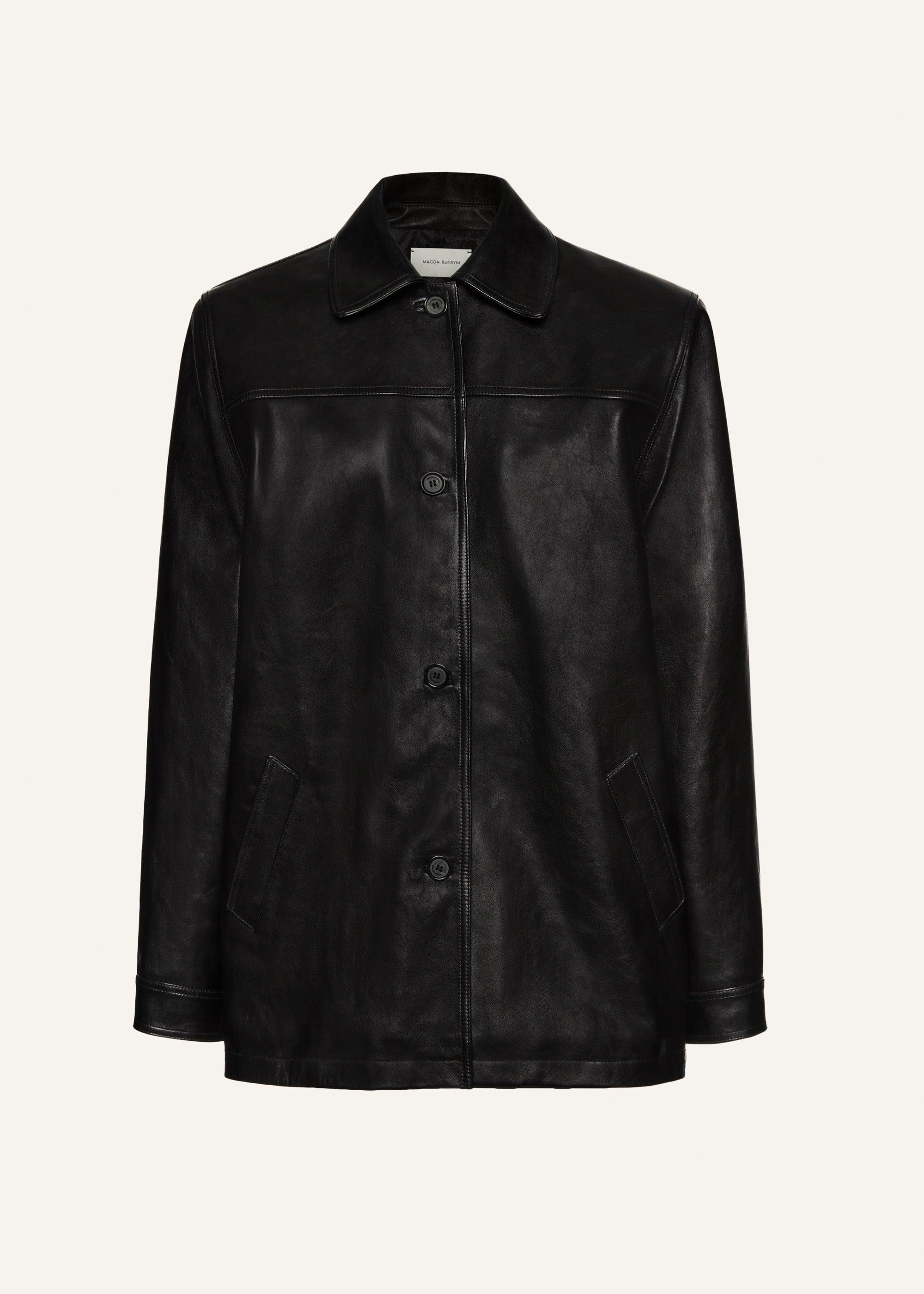 Oversized leather button up jacket in black Product Image