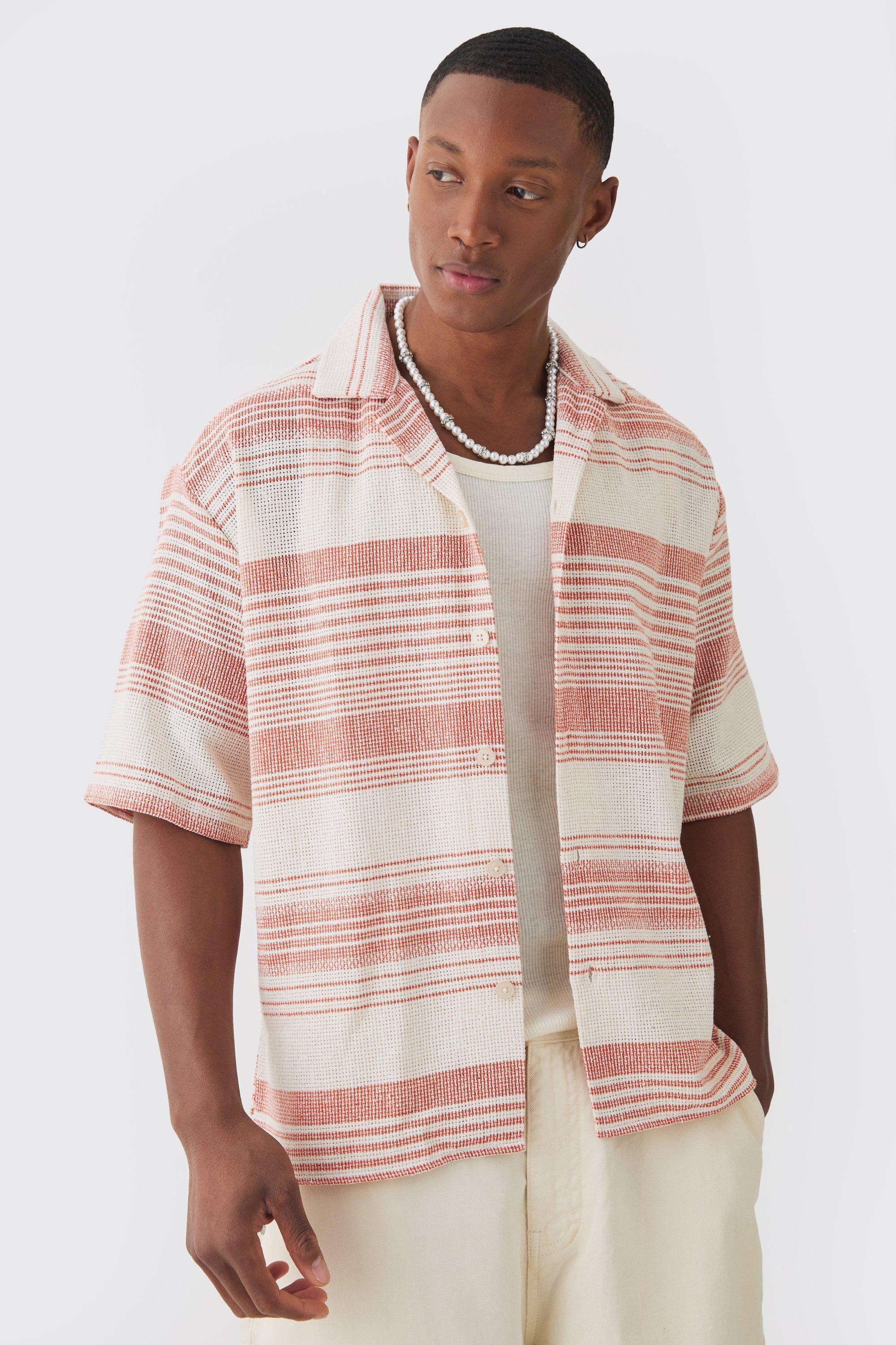 Oversized Revere Short Sleeve Stripe Shirt | boohooMAN USA Product Image