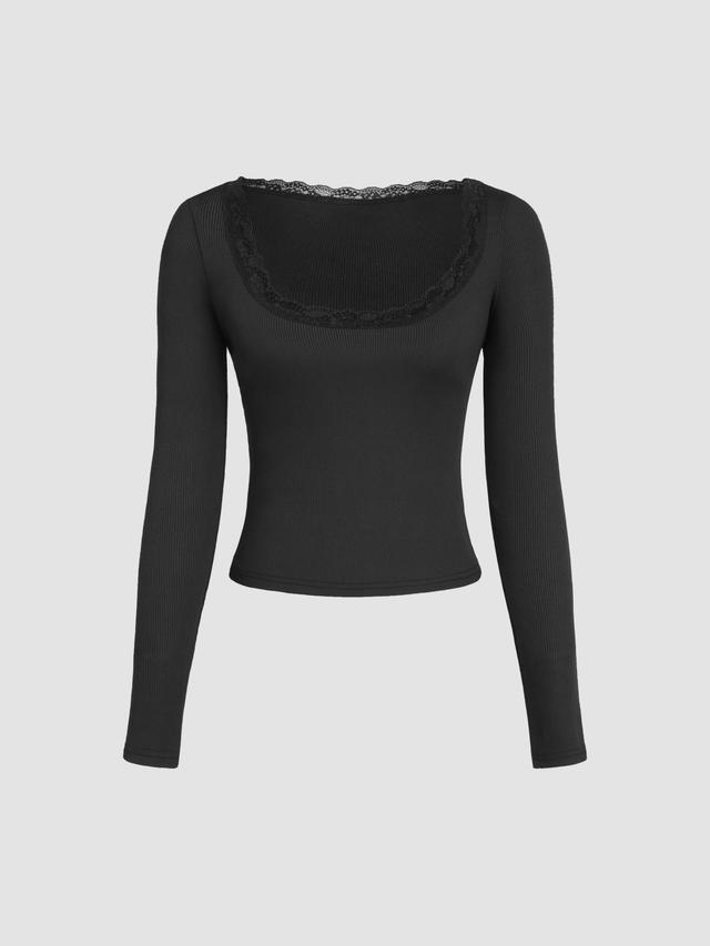 U-neck Solid Lace Long Sleeve Tee Product Image