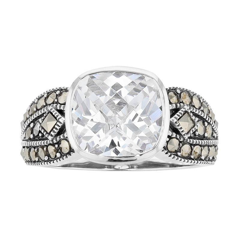 Lavish by TJM Sterling Silver Cushion White Cubic Zirconia & Marcasite Ring, Womens Product Image