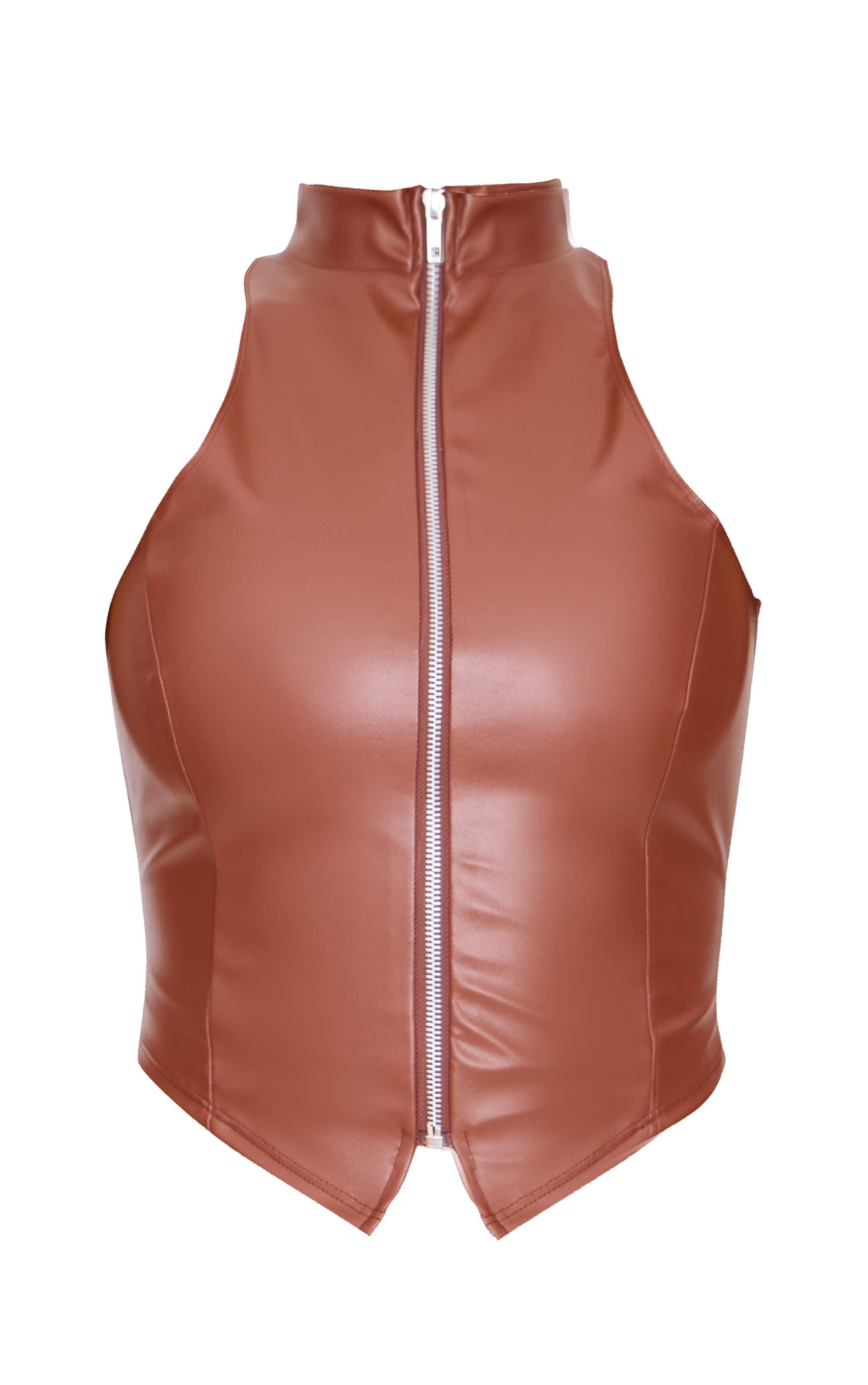 Brown Faux Leather Zip Up High Neck Top Product Image